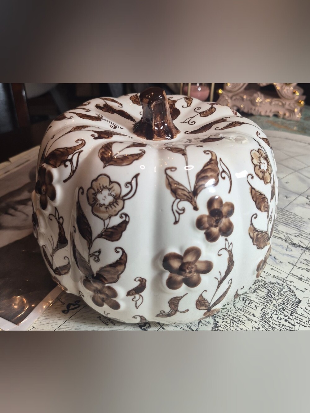 Mikasa White Ceramic Pumpkin with Brown Floral Design
